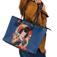 Japanese Geisha Koi Fish Leather Tote Bag Cherry Blossoms Blue Seigaiha Pattern - Wonder Print Shop