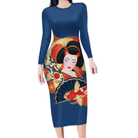 Japanese Geisha Koi Fish Long Sleeve Bodycon Dress Cherry Blossoms Blue Seigaiha Pattern - Wonder Print Shop