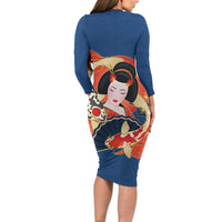 Japanese Geisha Koi Fish Long Sleeve Bodycon Dress Cherry Blossoms Blue Seigaiha Pattern - Wonder Print Shop