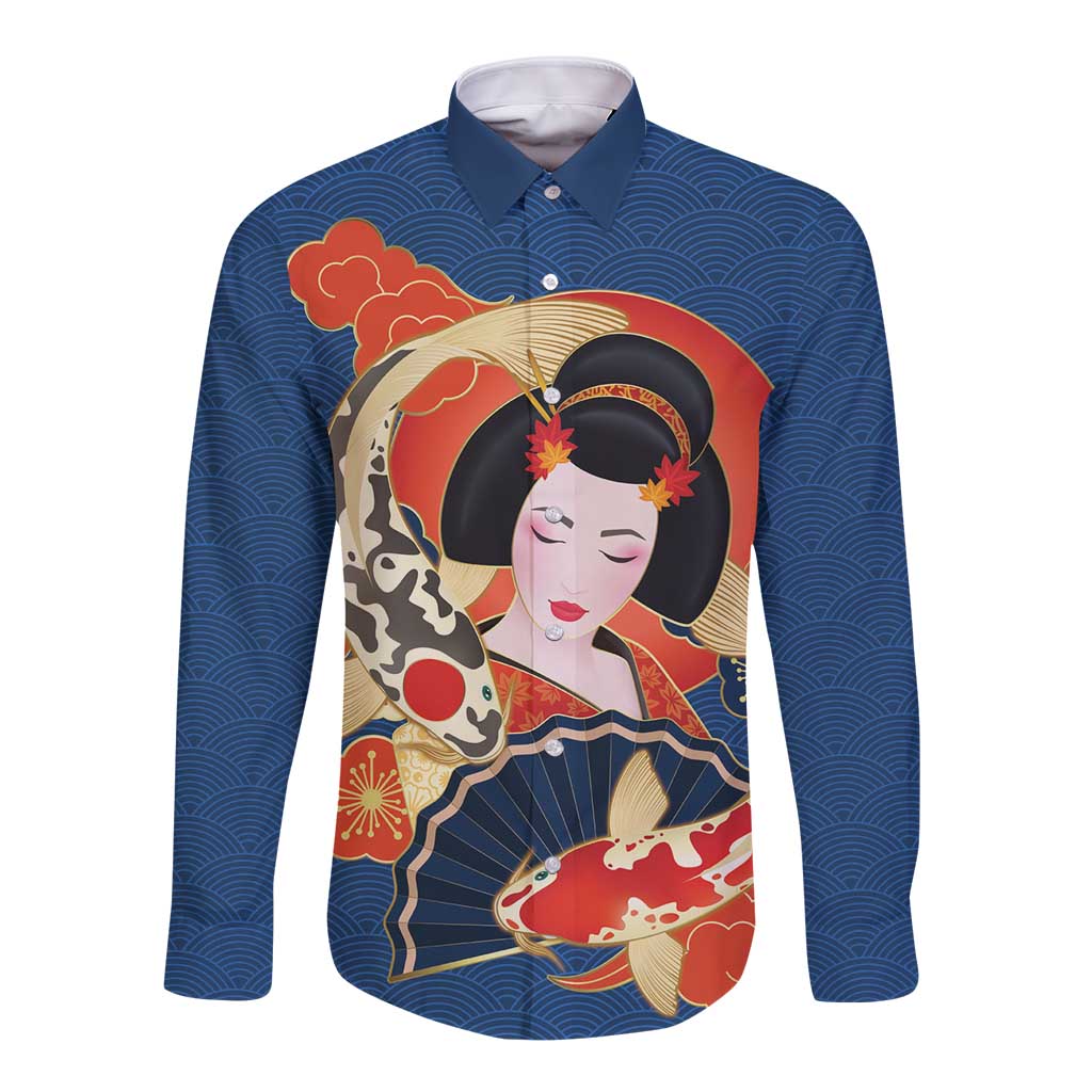 Japanese Geisha Koi Fish Long Sleeve Button Shirt Cherry Blossoms Blue Seigaiha Pattern - Wonder Print Shop