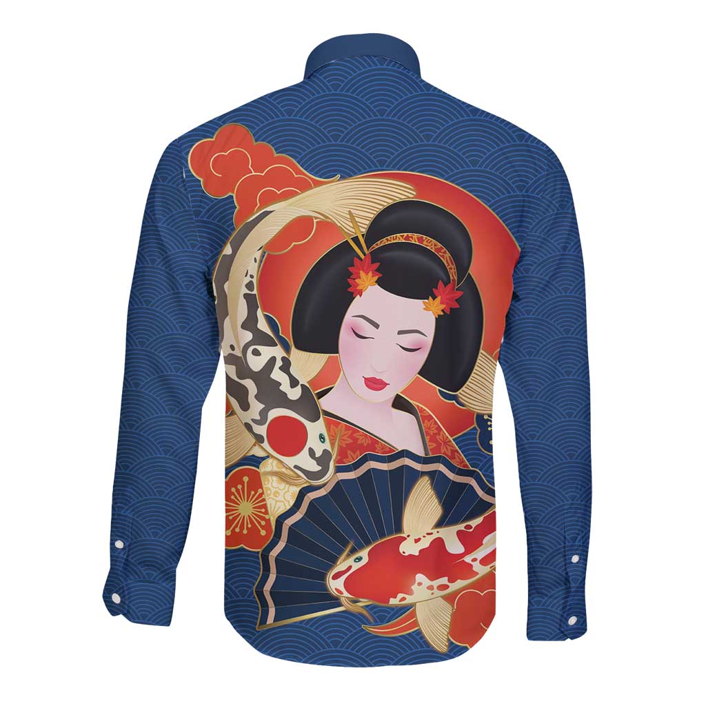 Japanese Geisha Koi Fish Long Sleeve Button Shirt Cherry Blossoms Blue Seigaiha Pattern - Wonder Print Shop