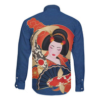 Japanese Geisha Koi Fish Long Sleeve Button Shirt Cherry Blossoms Blue Seigaiha Pattern - Wonder Print Shop