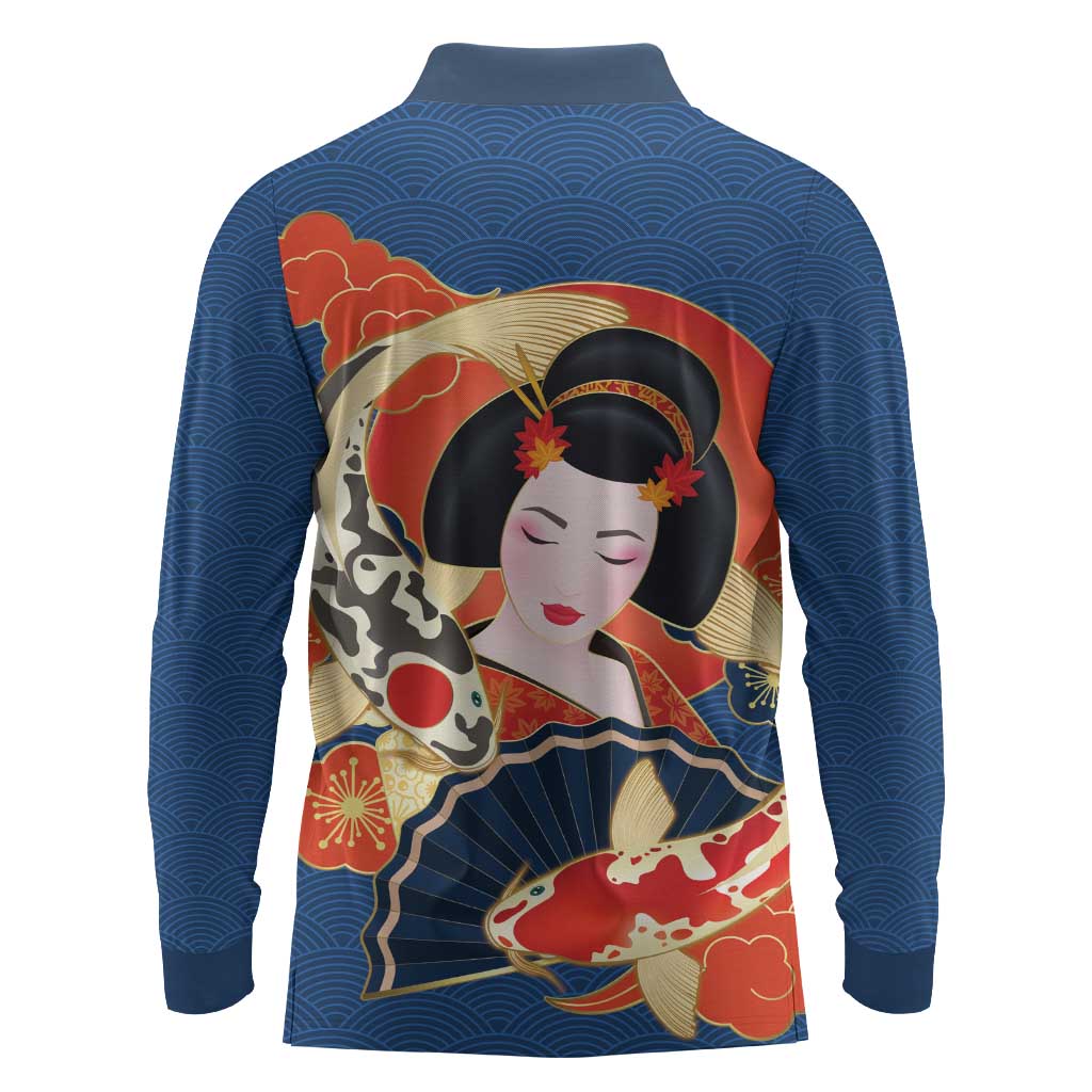 Japanese Geisha Koi Fish Long Sleeve Polo Shirt Cherry Blossoms Blue Seigaiha Pattern - Wonder Print Shop