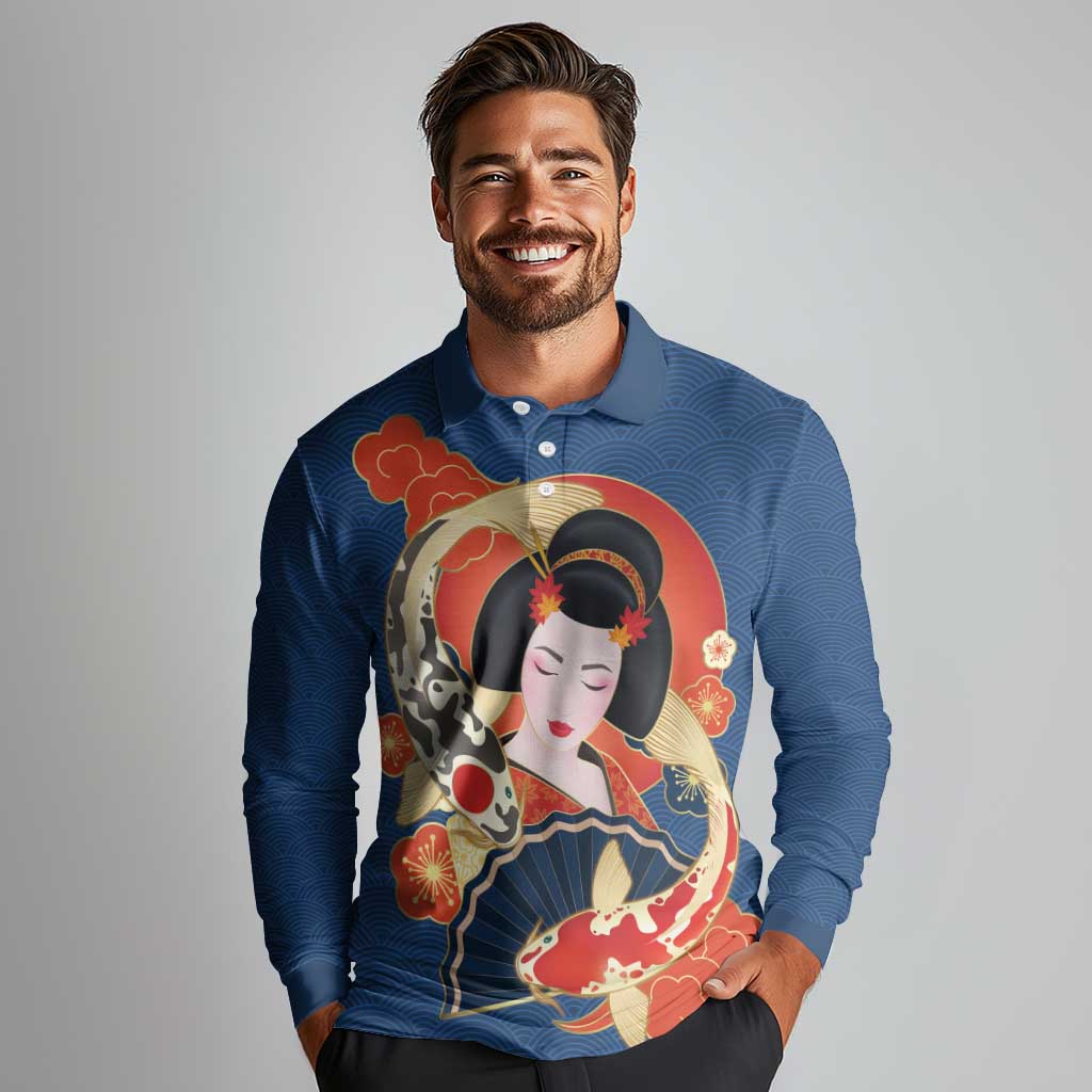 Japanese Geisha Koi Fish Long Sleeve Polo Shirt Cherry Blossoms Blue Seigaiha Pattern - Wonder Print Shop