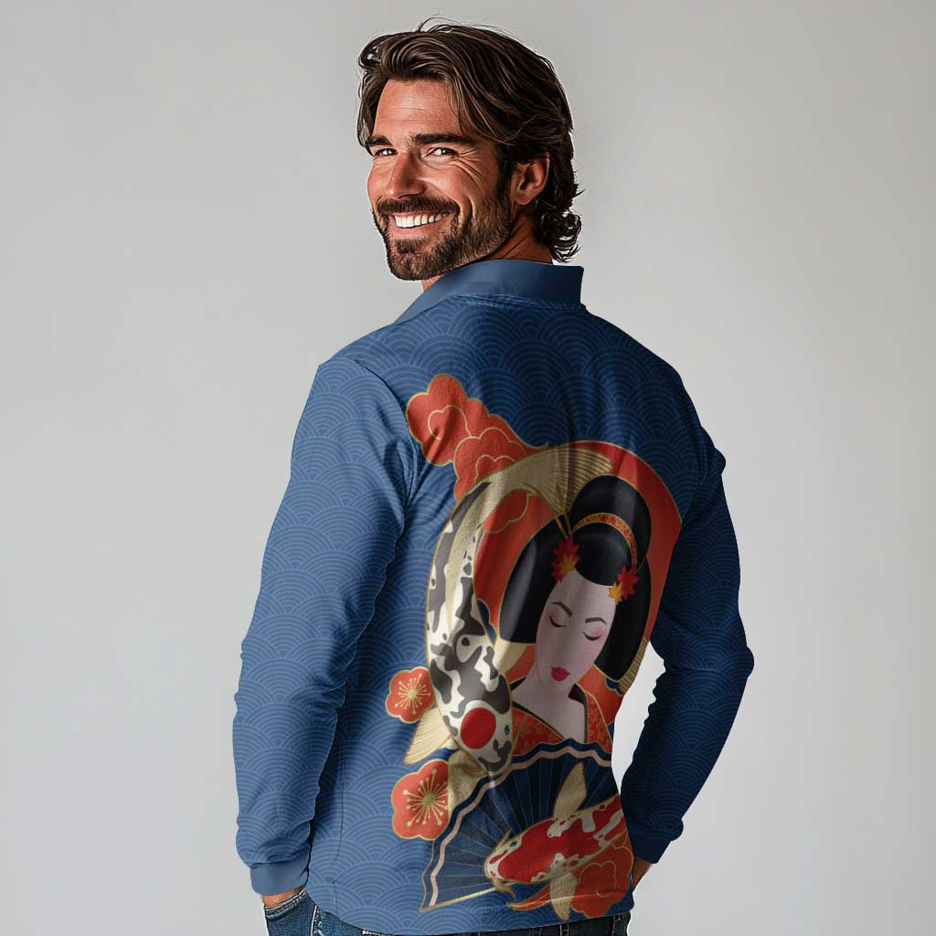 Japanese Geisha Koi Fish Long Sleeve Polo Shirt Cherry Blossoms Blue Seigaiha Pattern - Wonder Print Shop