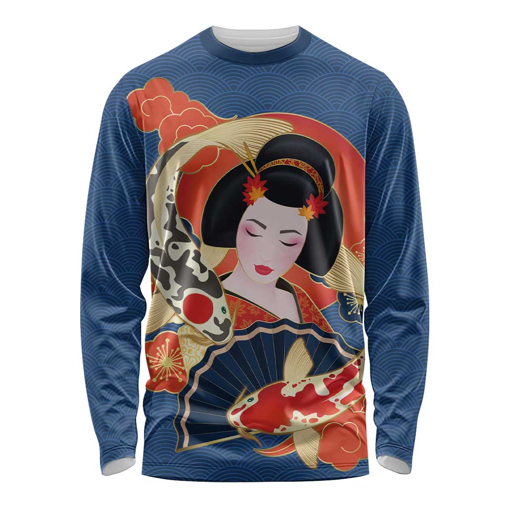 Japanese Geisha Koi Fish Long Sleeve Shirt Cherry Blossoms Blue Seigaiha Pattern - Wonder Print Shop