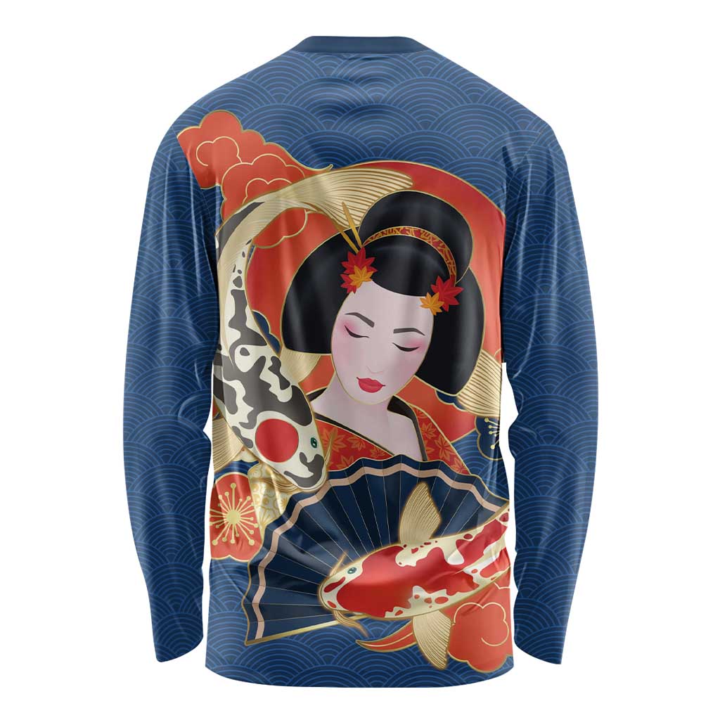 Japanese Geisha Koi Fish Long Sleeve Shirt Cherry Blossoms Blue Seigaiha Pattern - Wonder Print Shop