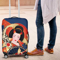 Japanese Geisha Koi Fish Luggage Cover Cherry Blossoms Blue Seigaiha Pattern - Wonder Print Shop