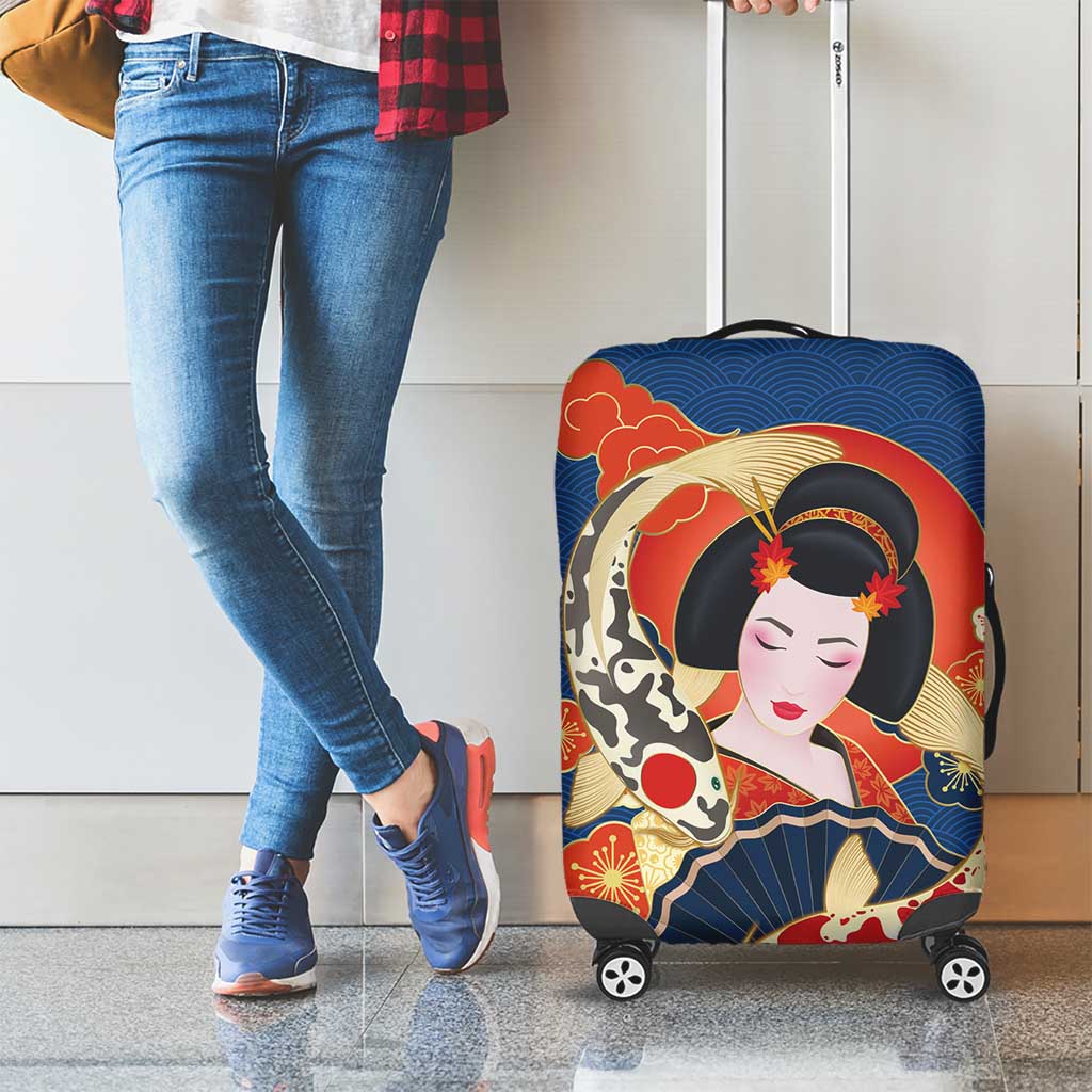 Japanese Geisha Koi Fish Luggage Cover Cherry Blossoms Blue Seigaiha Pattern - Wonder Print Shop
