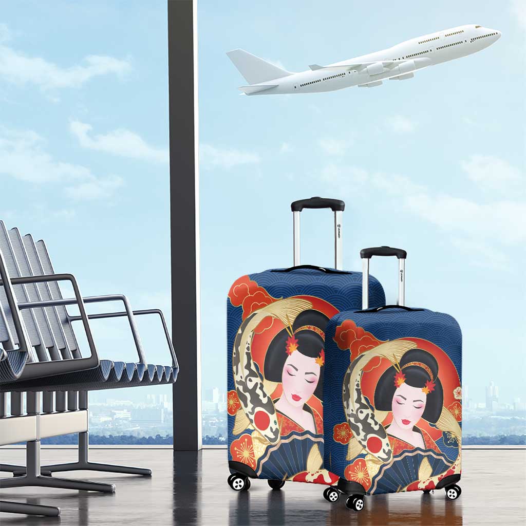 Japanese Geisha Koi Fish Luggage Cover Cherry Blossoms Blue Seigaiha Pattern - Wonder Print Shop