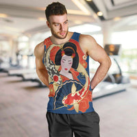 Japanese Geisha Koi Fish Men Tank Top Cherry Blossoms Blue Seigaiha Pattern - Wonder Print Shop