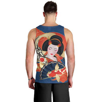 Japanese Geisha Koi Fish Men Tank Top Cherry Blossoms Blue Seigaiha Pattern - Wonder Print Shop