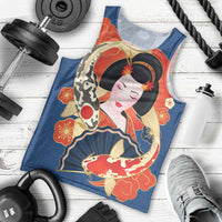Japanese Geisha Koi Fish Men Tank Top Cherry Blossoms Blue Seigaiha Pattern - Wonder Print Shop