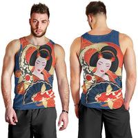 Japanese Geisha Koi Fish Men Tank Top Cherry Blossoms Blue Seigaiha Pattern - Wonder Print Shop