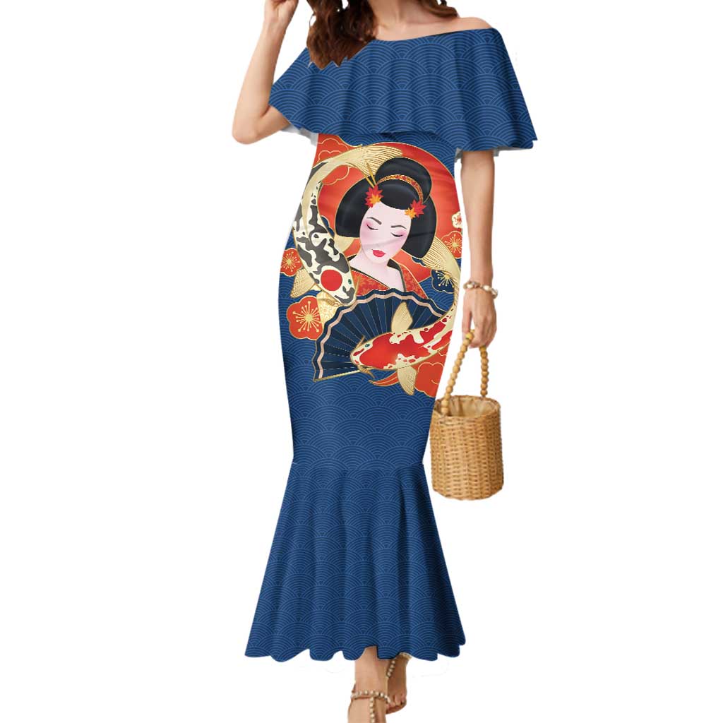 Japanese Geisha Koi Fish Mermaid Dress Cherry Blossoms Blue Seigaiha Pattern - Wonder Print Shop