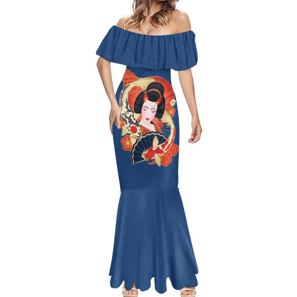 Japanese Geisha Koi Fish Mermaid Dress Cherry Blossoms Blue Seigaiha Pattern - Wonder Print Shop