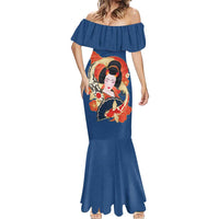 Japanese Geisha Koi Fish Mermaid Dress Cherry Blossoms Blue Seigaiha Pattern - Wonder Print Shop