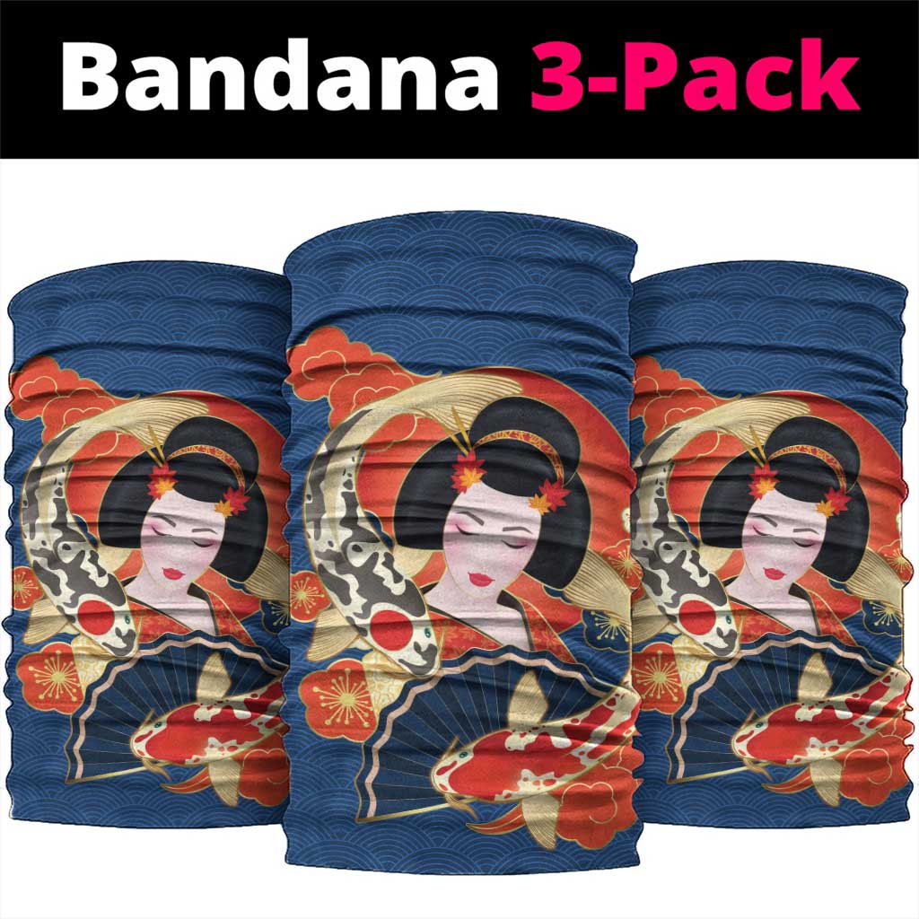Japanese Geisha Koi Fish Neck Gaiter Cherry Blossoms Blue Seigaiha Pattern - Wonder Print Shop