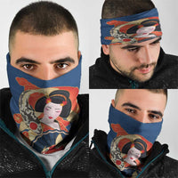 Japanese Geisha Koi Fish Neck Gaiter Cherry Blossoms Blue Seigaiha Pattern - Wonder Print Shop