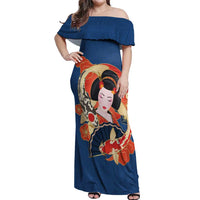 Japanese Geisha Koi Fish Off Shoulder Maxi Dress Cherry Blossoms Blue Seigaiha Pattern - Wonder Print Shop