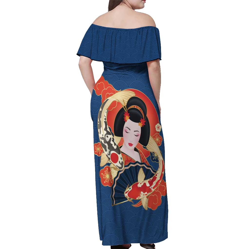 Japanese Geisha Koi Fish Off Shoulder Maxi Dress Cherry Blossoms Blue Seigaiha Pattern - Wonder Print Shop