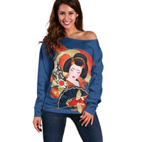 Japanese Geisha Koi Fish Off Shoulder Sweater Cherry Blossoms Blue Seigaiha Pattern - Wonder Print Shop