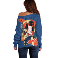 Japanese Geisha Koi Fish Off Shoulder Sweater Cherry Blossoms Blue Seigaiha Pattern - Wonder Print Shop