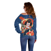 Japanese Geisha Koi Fish Off Shoulder Sweater Cherry Blossoms Blue Seigaiha Pattern - Wonder Print Shop