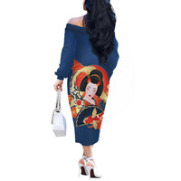 Japanese Geisha Koi Fish Off The Shoulder Long Sleeve Dress Cherry Blossoms Blue Seigaiha Pattern - Wonder Print Shop