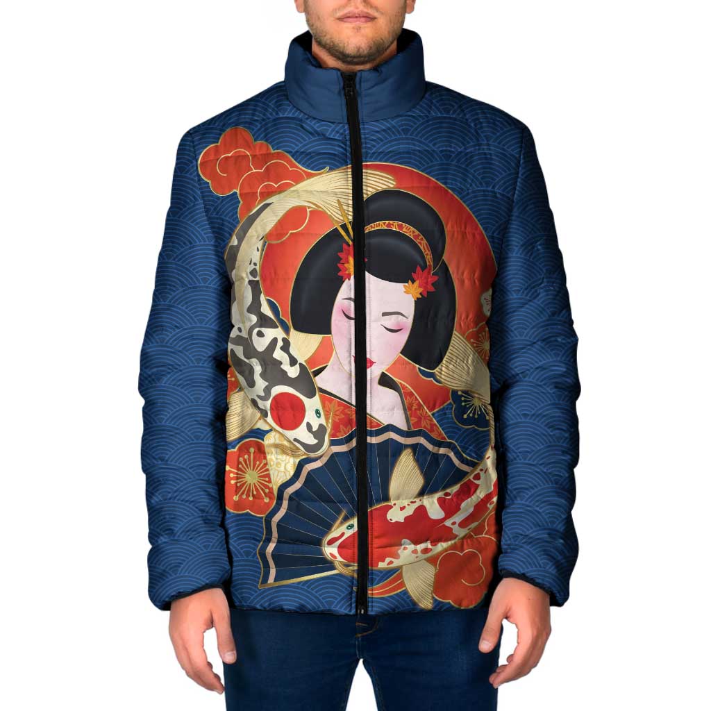 Japanese Geisha Koi Fish Padded Jacket Cherry Blossoms Blue Seigaiha Pattern - Wonder Print Shop