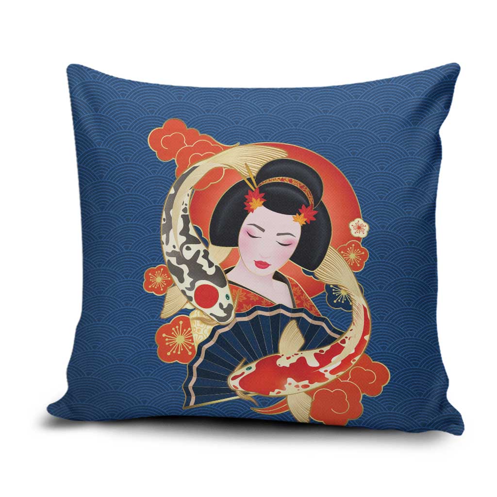 Japanese Geisha Koi Fish Pillow Cover Cherry Blossoms Blue Seigaiha Pattern - Wonder Print Shop