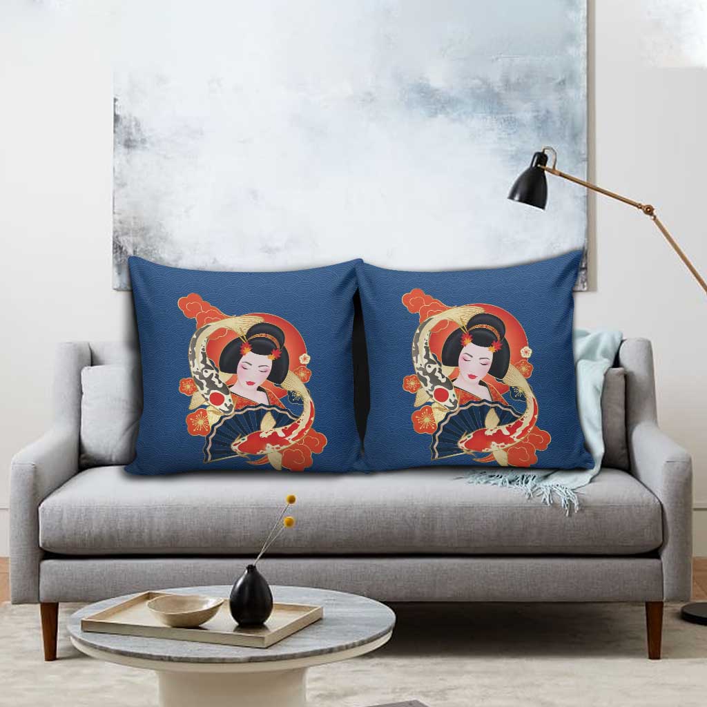 Japanese Geisha Koi Fish Pillow Cover Cherry Blossoms Blue Seigaiha Pattern - Wonder Print Shop