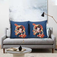 Japanese Geisha Koi Fish Pillow Cover Cherry Blossoms Blue Seigaiha Pattern - Wonder Print Shop