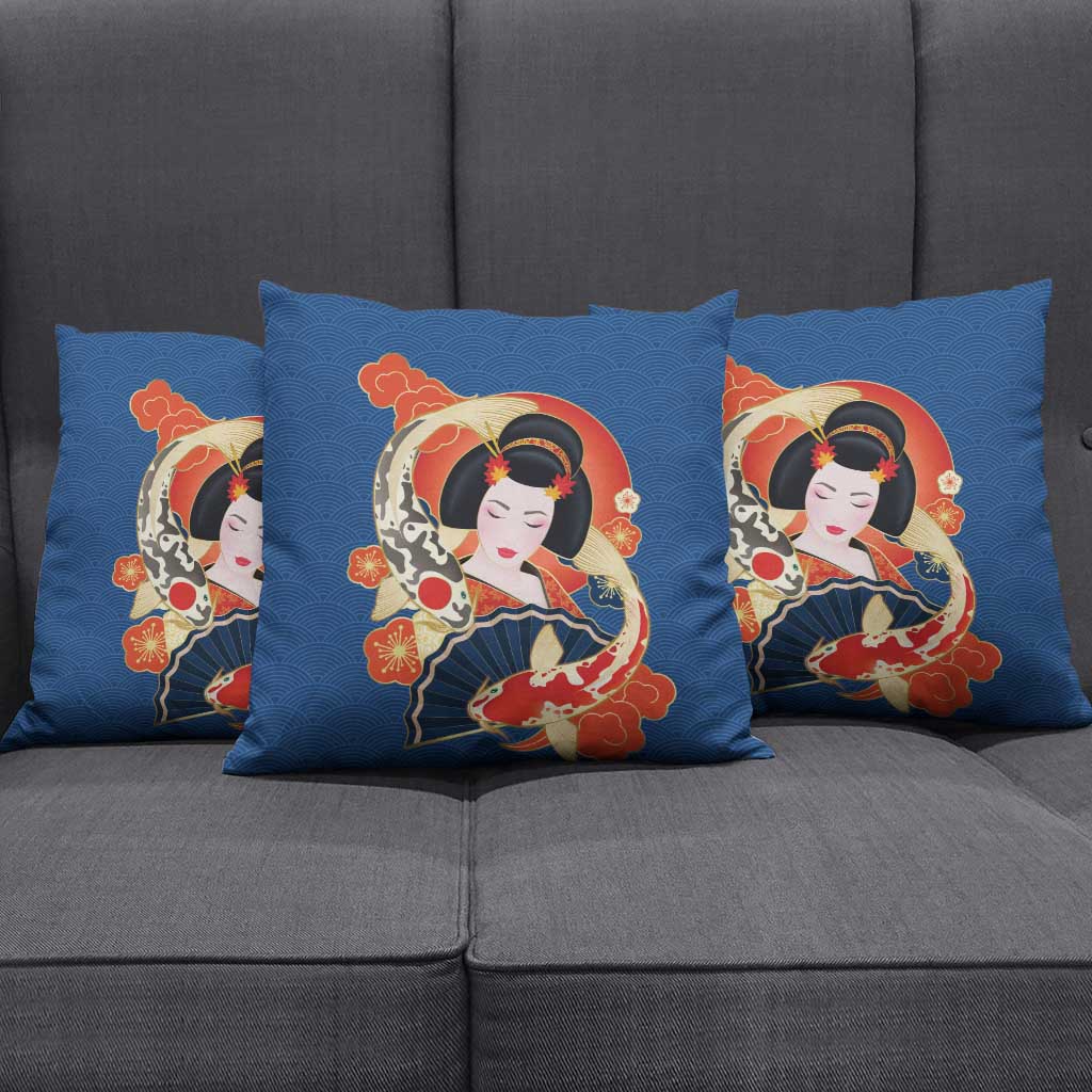Japanese Geisha Koi Fish Pillow Cover Cherry Blossoms Blue Seigaiha Pattern - Wonder Print Shop