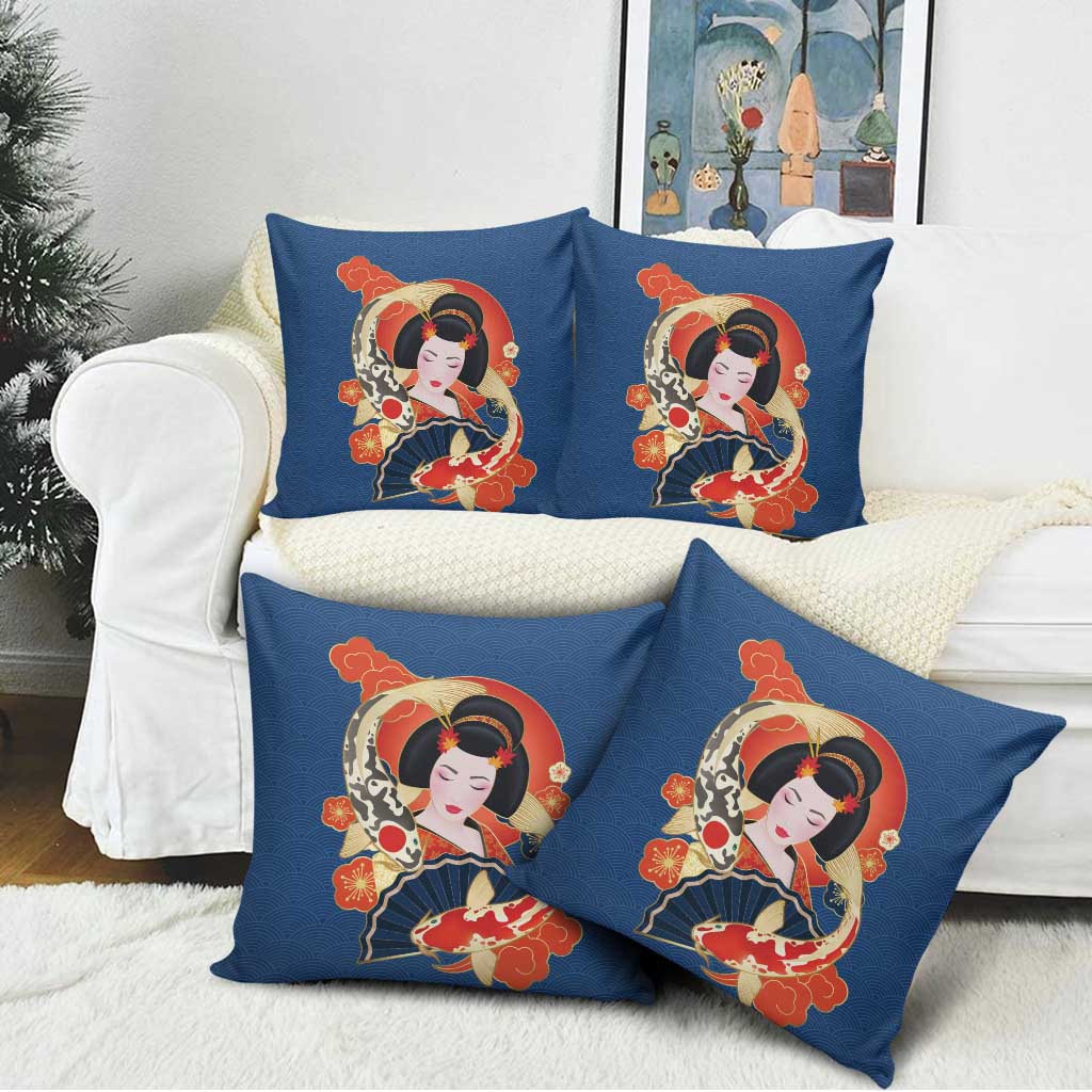 Japanese Geisha Koi Fish Pillow Cover Cherry Blossoms Blue Seigaiha Pattern - Wonder Print Shop
