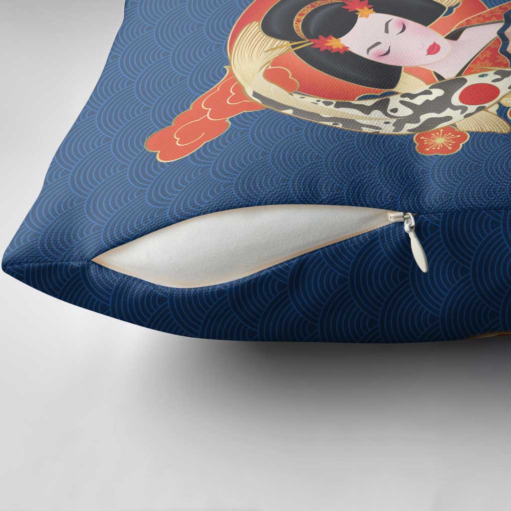 Japanese Geisha Koi Fish Pillow Cover Cherry Blossoms Blue Seigaiha Pattern - Wonder Print Shop