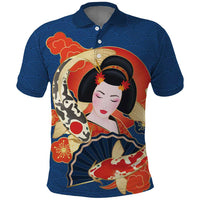 Japanese Geisha Koi Fish Polo Shirt Cherry Blossoms Blue Seigaiha Pattern - Wonder Print Shop