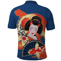 Japanese Geisha Koi Fish Polo Shirt Cherry Blossoms Blue Seigaiha Pattern - Wonder Print Shop