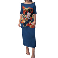 Japanese Geisha Koi Fish Puletasi Cherry Blossoms Blue Seigaiha Pattern - Wonder Print Shop