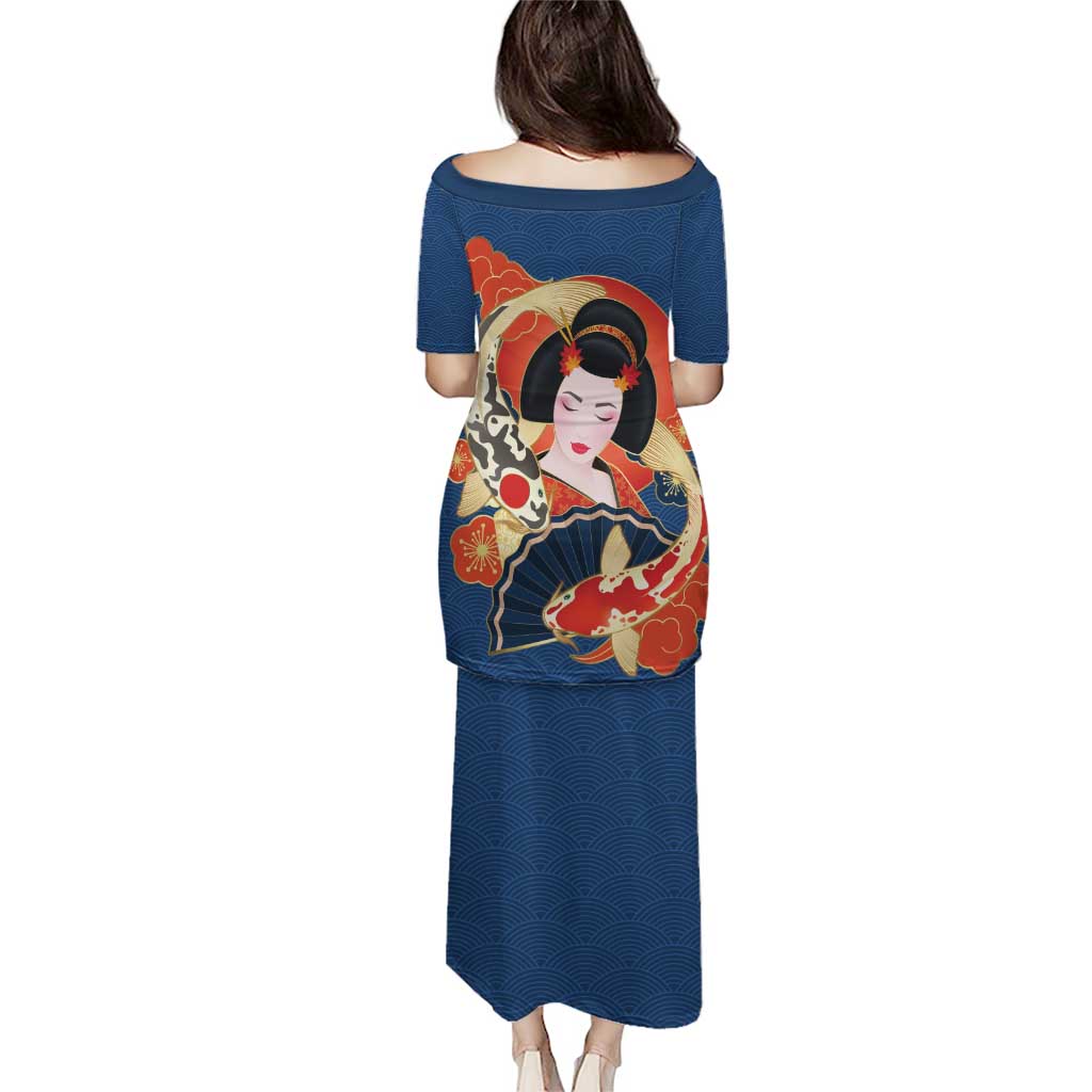 Japanese Geisha Koi Fish Puletasi Cherry Blossoms Blue Seigaiha Pattern - Wonder Print Shop