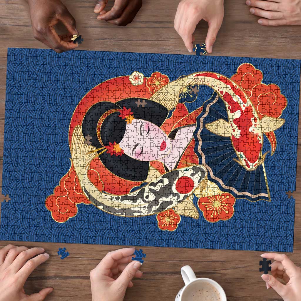 Japanese Geisha Koi Fish Puzzle Cherry Blossoms Blue Seigaiha Pattern - Wonder Print Shop
