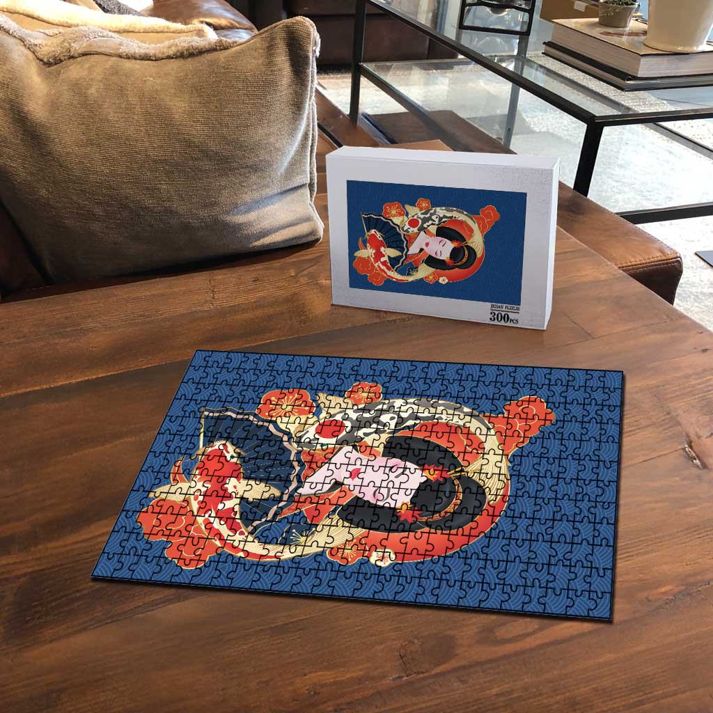 Japanese Geisha Koi Fish Puzzle Cherry Blossoms Blue Seigaiha Pattern - Wonder Print Shop