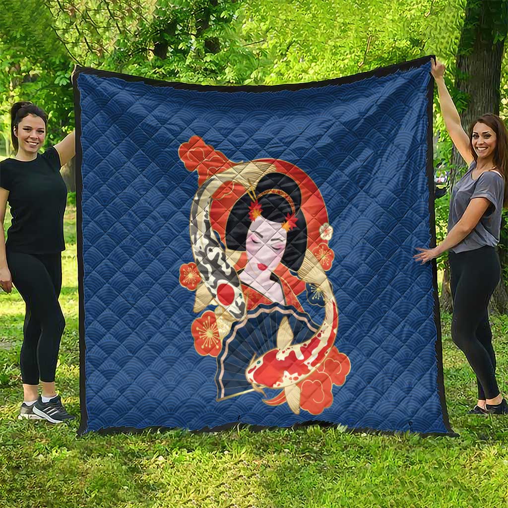 Japanese Geisha Koi Fish Quilt Cherry Blossoms Blue Seigaiha Pattern - Wonder Print Shop
