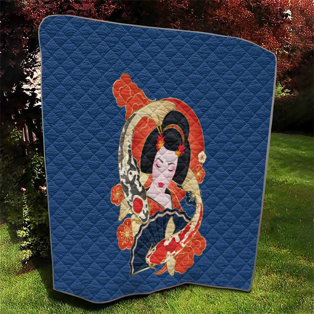 Japanese Geisha Koi Fish Quilt Cherry Blossoms Blue Seigaiha Pattern - Wonder Print Shop