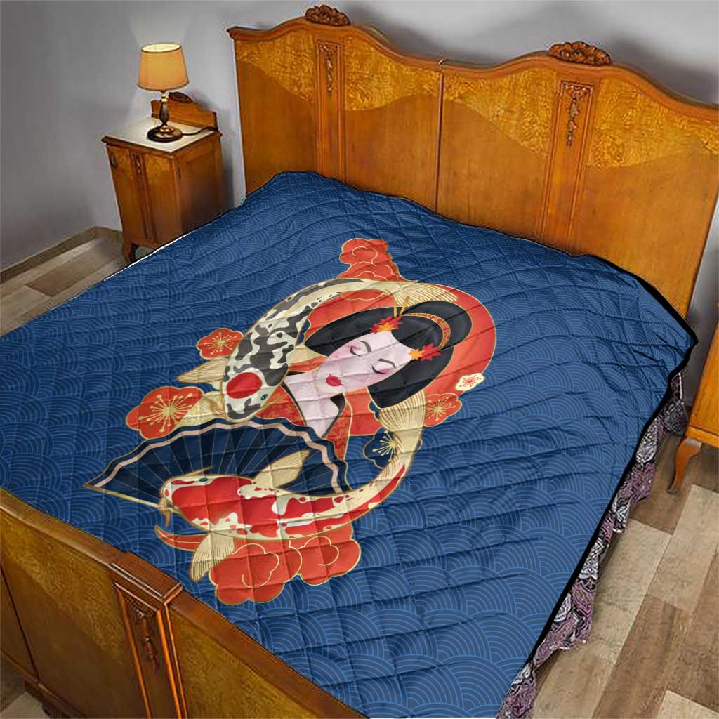 Japanese Geisha Koi Fish Quilt Cherry Blossoms Blue Seigaiha Pattern - Wonder Print Shop