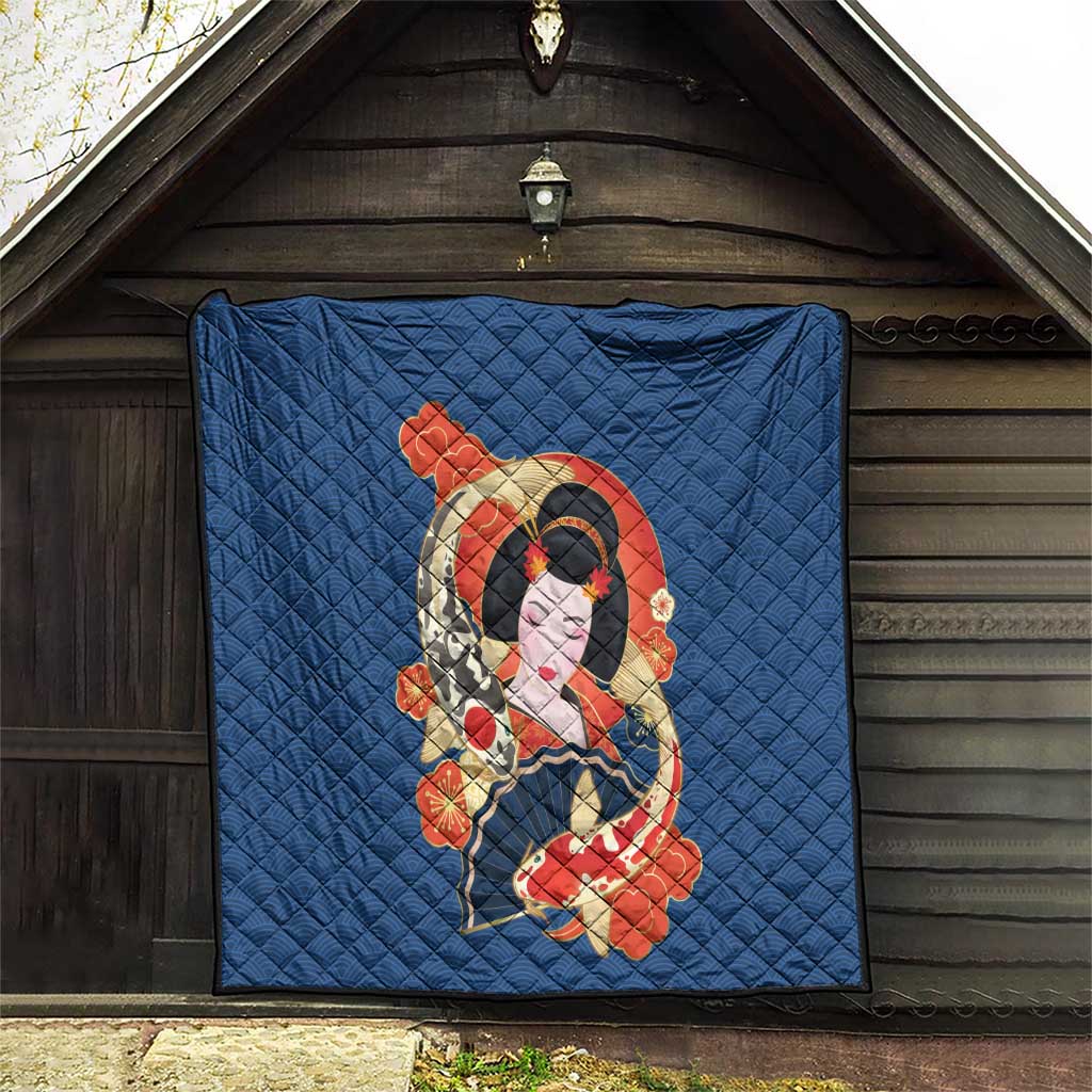 Japanese Geisha Koi Fish Quilt Cherry Blossoms Blue Seigaiha Pattern - Wonder Print Shop