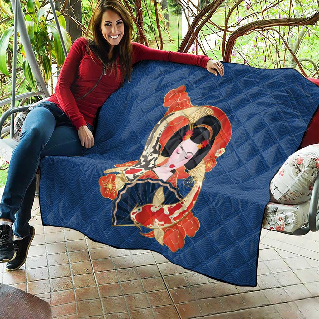 Japanese Geisha Koi Fish Quilt Cherry Blossoms Blue Seigaiha Pattern - Wonder Print Shop