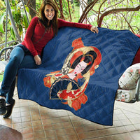 Japanese Geisha Koi Fish Quilt Cherry Blossoms Blue Seigaiha Pattern - Wonder Print Shop