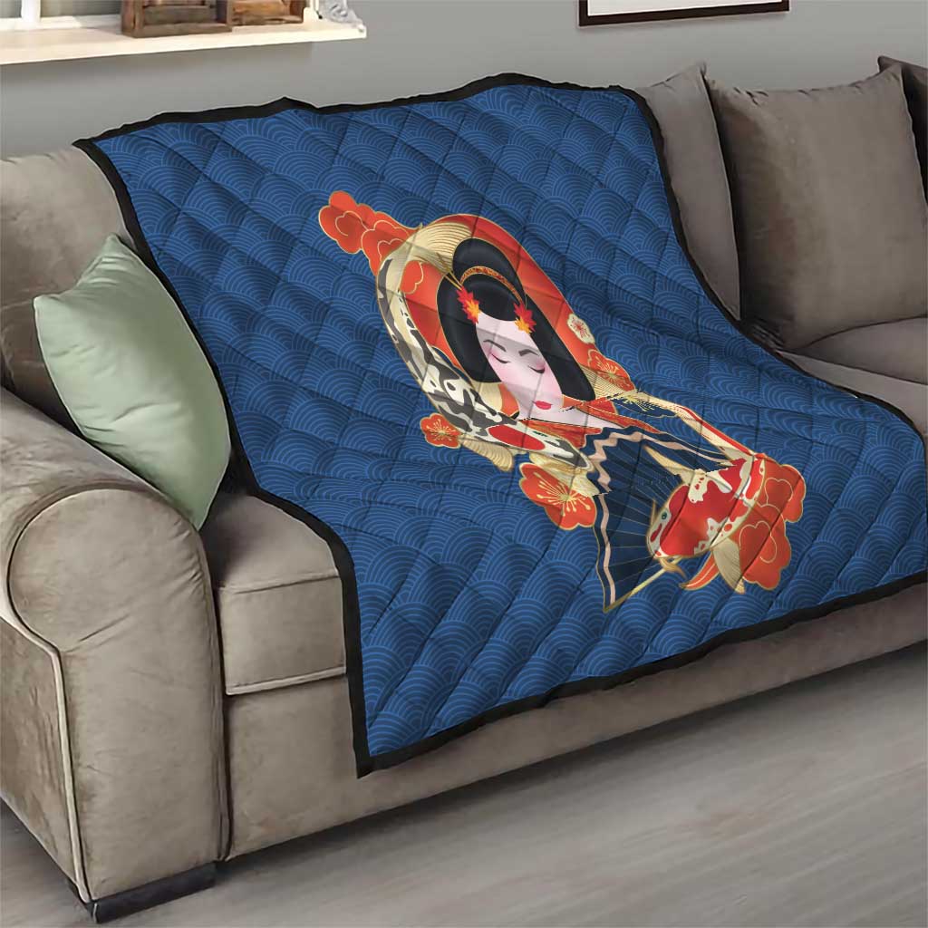 Japanese Geisha Koi Fish Quilt Cherry Blossoms Blue Seigaiha Pattern - Wonder Print Shop