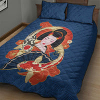 Japanese Geisha Koi Fish Quilt Bed Set Cherry Blossoms Blue Seigaiha Pattern - Wonder Print Shop
